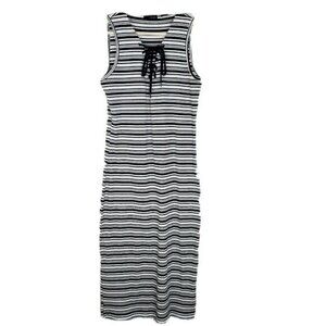 K by KERSH Dress Womens Small Black White Striped Sheath Midi Sleeveless Casual